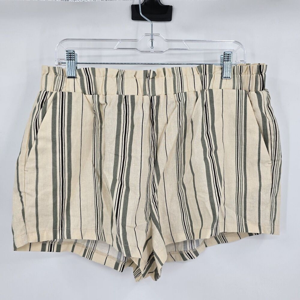 Just Be Beige, Black and Green Striped Linen Blend Shorts Size L